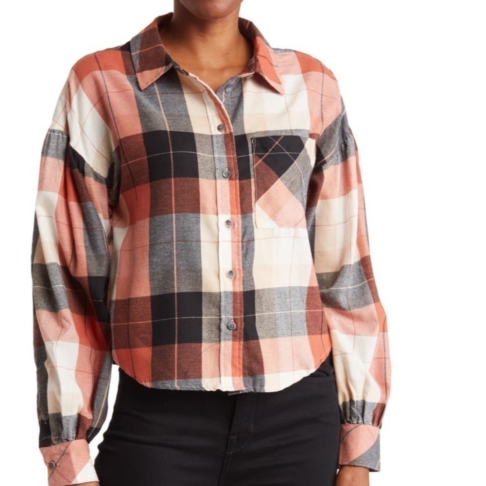 Sanctuary Bianca Puff Sleeve Nector Plaids Flannel Button Down Top - Size Large